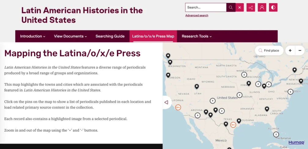 Map of the US showing the location of Latine presses