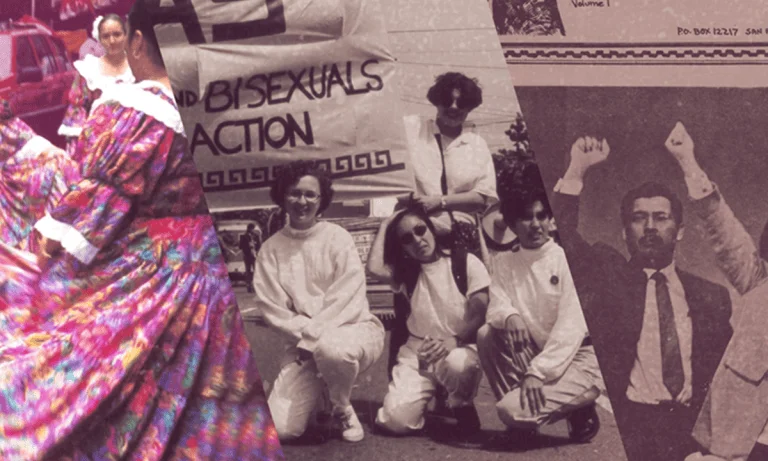three photographs, left to right, folklorico dancers, four individuals posting in front of a "bisexuals action" banner, and two people holding up their fists