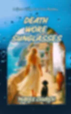 Book cover with blue raindrop background: Death Wore Sunglasses by Maree Church, showing a seaside woman, man, and dog on a cliff path