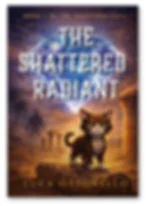 Fantasy book cover with a stern cat on ruins under a glowing cracked crystal; title The Shattered Radiant, Luca Ottonello