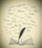 Open book with quill on parchment background, surrounded by words like imagination, believe, dream, and hope.