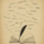An open book with a quill pen; words like "imagination" and "dream" swirl above. Vintage paper background, inspiring and creative mood.