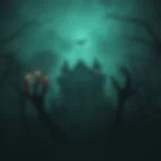 Eerie scene of a haunted house with glowing windows, dark trees, shadowy hands reaching upward, and a bat flying. Mysterious and spooky mood.