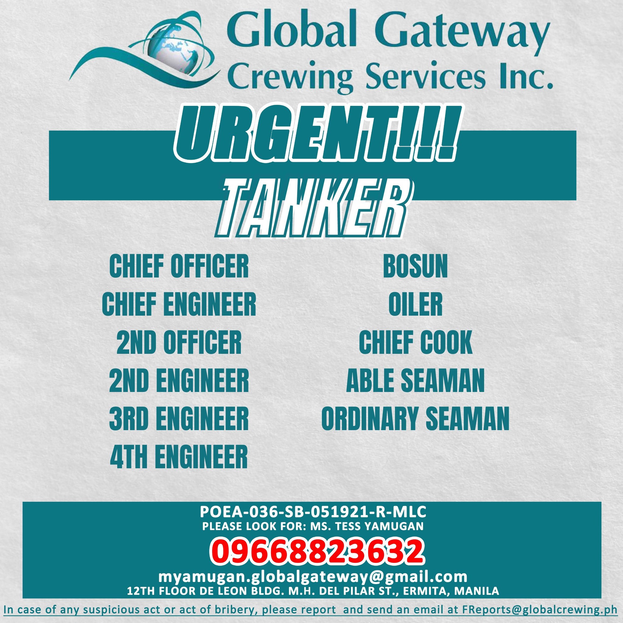 Global Gateway Crewing CAREERS All Ranks Bulk Carrier & Tanker